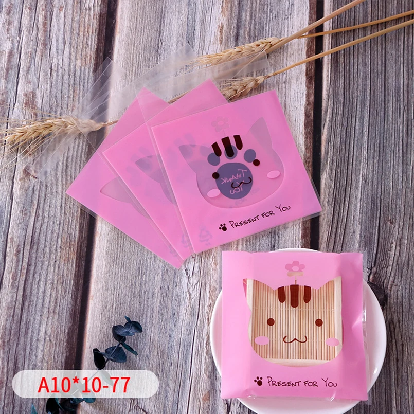 50pcs/lot Pink Animal Cellophane Self-adhesive Bag Hollow Out Transparent Cat Head Decor Sugar Biscuit Baby Shower Party Pack