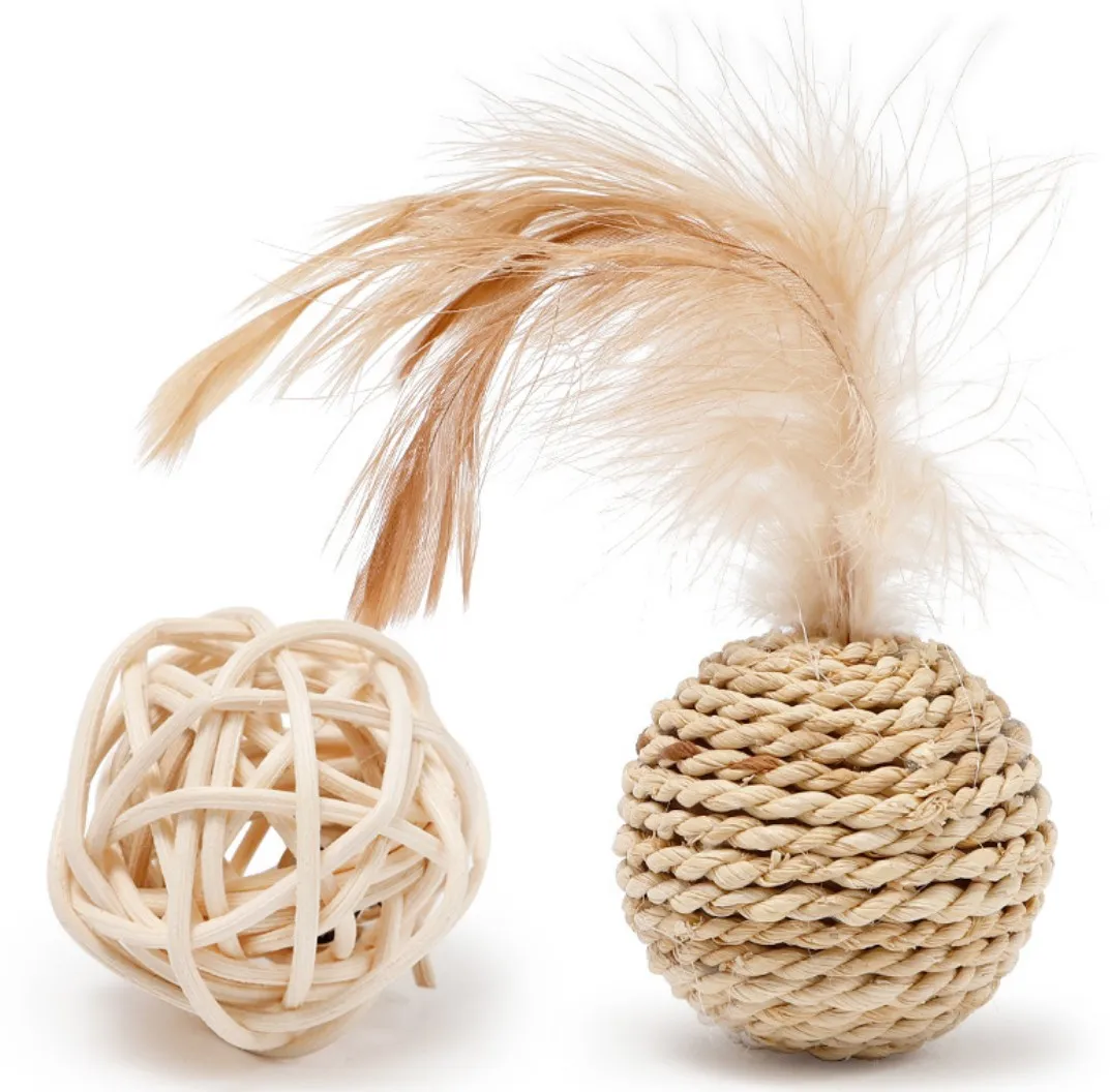 Pets Teaser Toy Kitten Woven Rattan Ball Cat Toy with Wicker Bells,Wooden Rod Feather Tumbler Ball Interactive Cat Toys