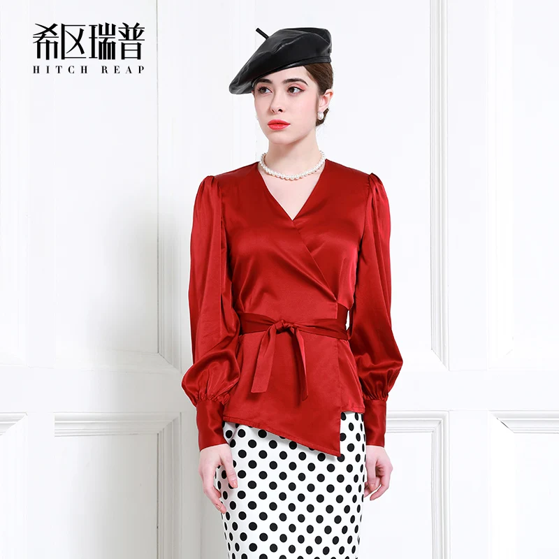 Heavyweight Silk Shirt Femininity Lantern Sleeve V-Neck Silk Shirt Lace Up Waist Summer