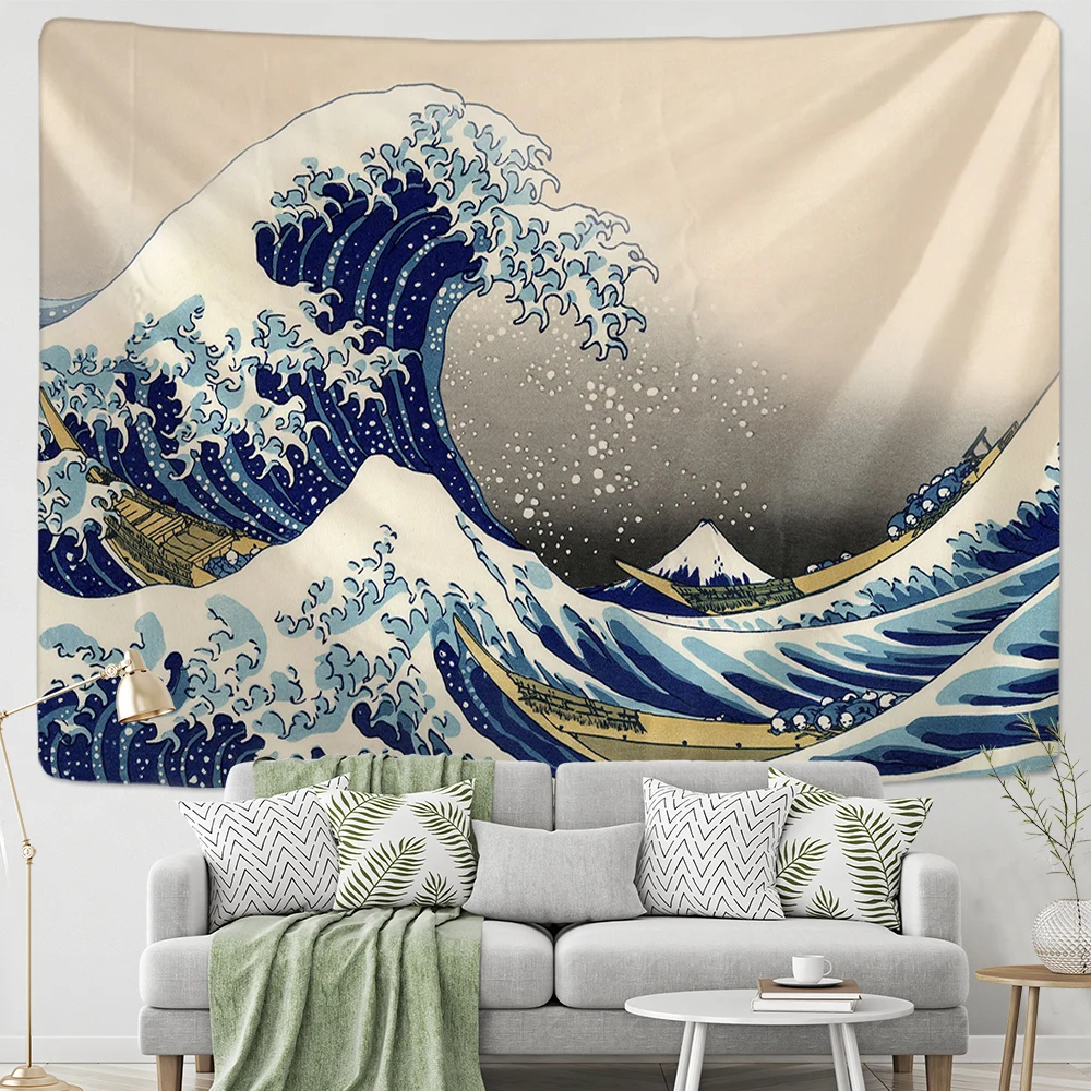 Japan Kanagawa Waves Printed Hanging Tapestry Sun Wall Hanging Tapestries Boho Bedspread Yoga Mat Blanket