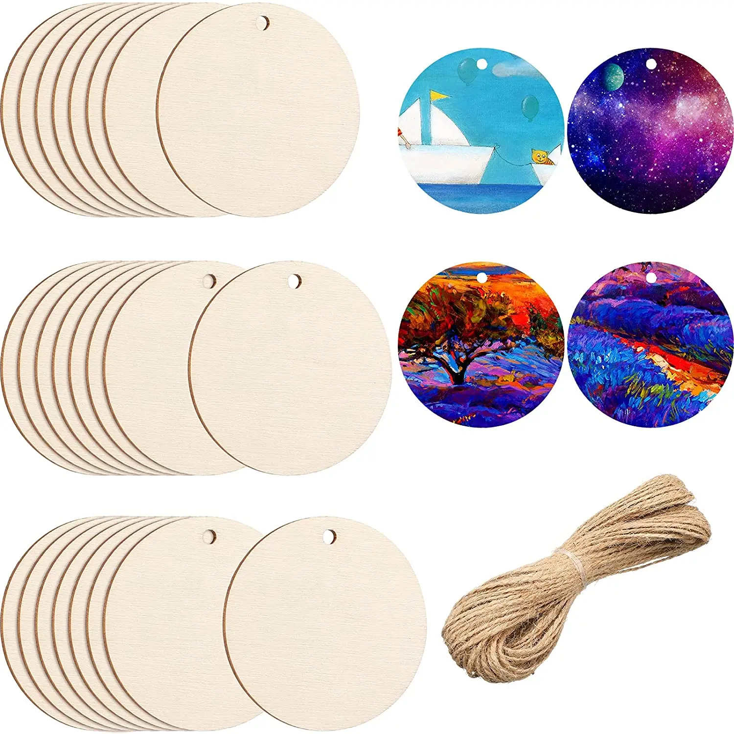 50PCS Wooden Unfinished Round Circles with Holes 10cm/3.94 Inches Round Wood Chip Natural Blank Wood Slices for DIY Art Craft