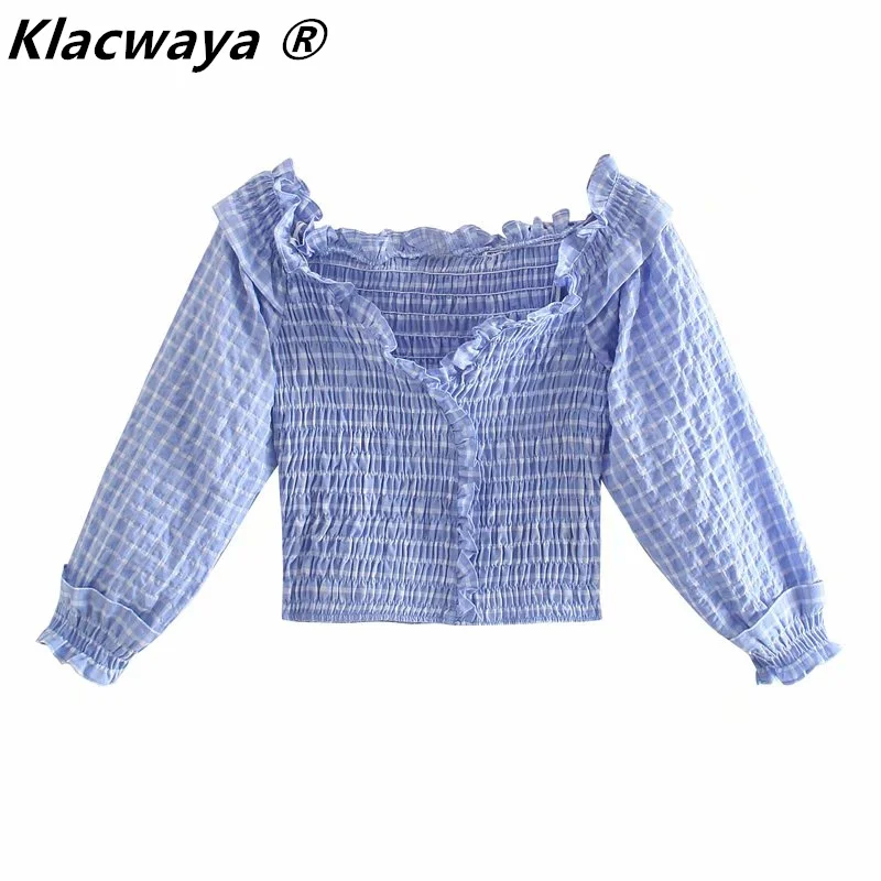 Klacwaya Za Women Blouse 2021 Textured Blue Plaid Off Shoulder Crop Top Woman Elastic Ruffle Ruched Long Sleeve Summer Blouses