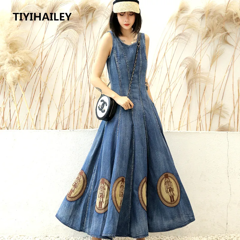 

TIYIHAILEY/бесплатная доставка; Модные джинсовые платья без рукавов для женщин; Длинные S-XL до середины икры с вышивкой; Летние винтажные платья с большим подолом