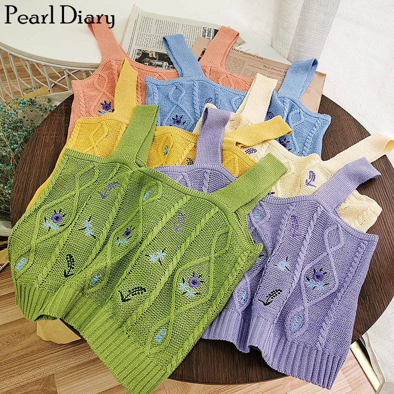 Pearl Diary 8 Colors Knitting Tank Tops Floral Embroidery Sweet Strappy Sleeveless Crop Tanks Summer Casual Going Out Tank Top