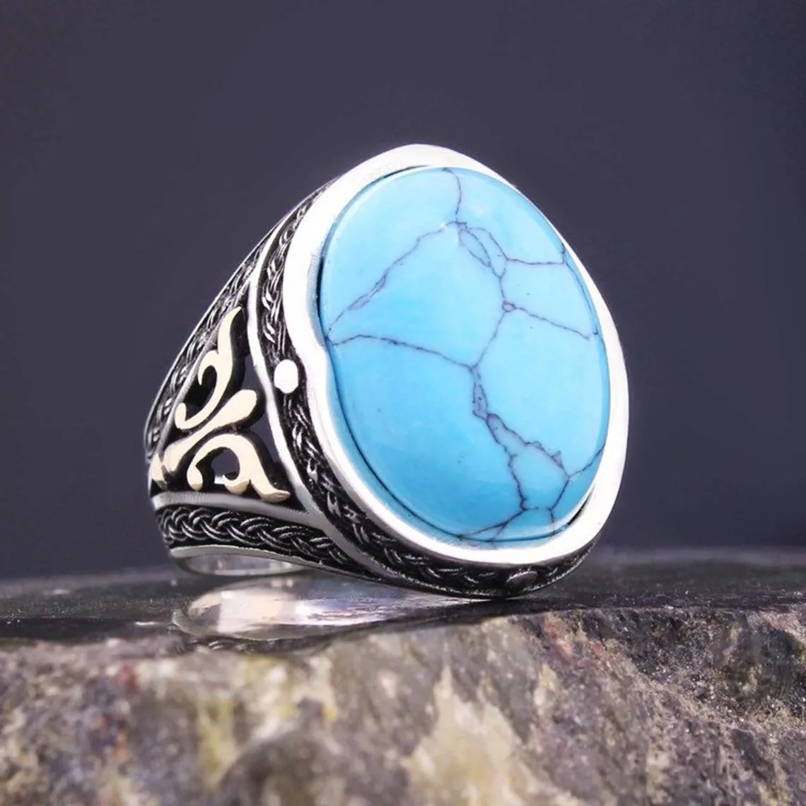 Solid 925 Sterling Silver Turkish Oval Turquoise Stone Men's Ring Special Ring Jewelry Accessory For Men Gift Idea