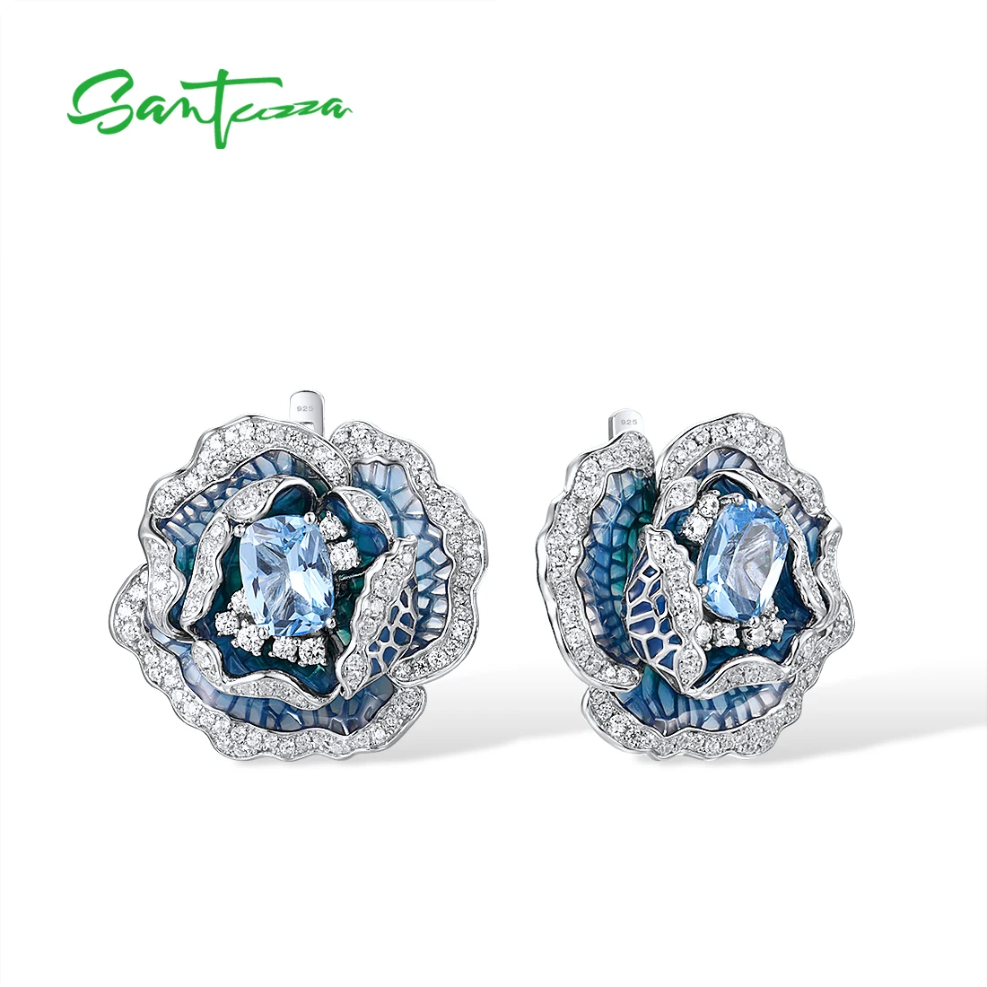 SANTUZZA 925 Sterling Silver Earrings For Women Blue Spinel White CZ Blooming Flower Elegant Party Fine Jewelry Handmade Enamel