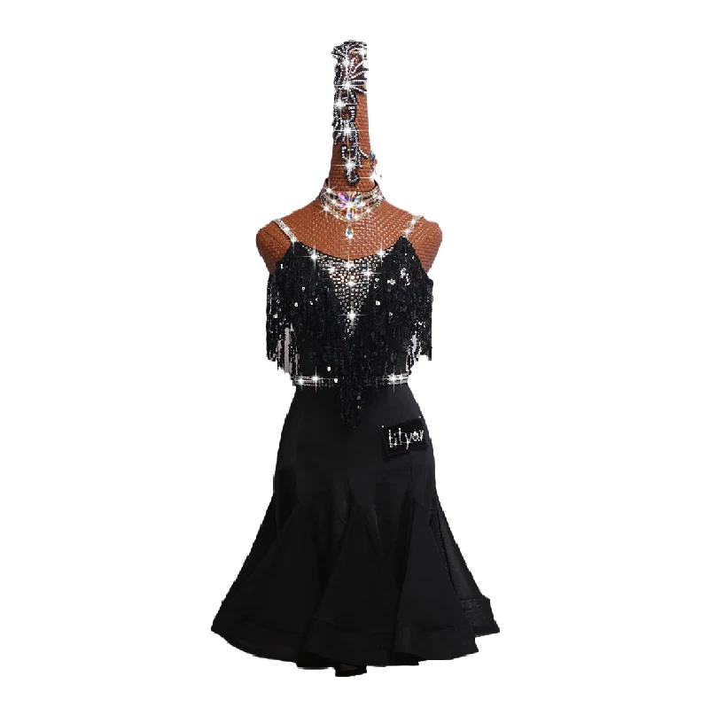Latin Dance Dress Latin Skirt Competition Dress Costumes Performing Dress Adult Customize Children Black Fishbone Skirt Slim Fit