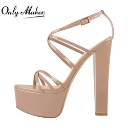 Onlymaker Women Platform Ankle Buckle Sandals Chunky High Heel Nude Patent Leather Cross Strap Summer  Sandals