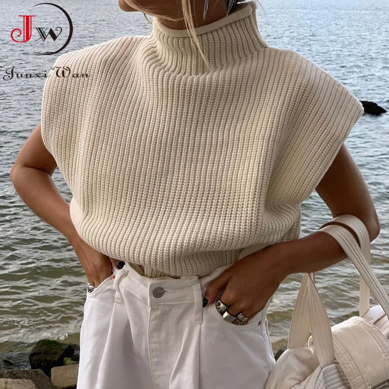 Women Fashion Solid Cropped Knitted Sweater Vest Turtleneck Sleeveless Pullover Solid Chic Tops Jumper