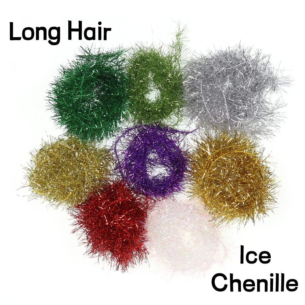 Bimoo 8packs 3.5cm Width Long Hair Ice Chenille Crystal Flash Fly Tying Material for Saltwater Streamer Fly Marabou Jig Lure