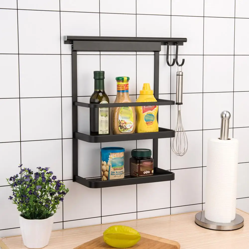 smartloc Iron Wall Mounted Kitchen Storage Rack Hooks Seasoning Box Organizer Pot Cover Container Shelf Knife Folk Drain Drying