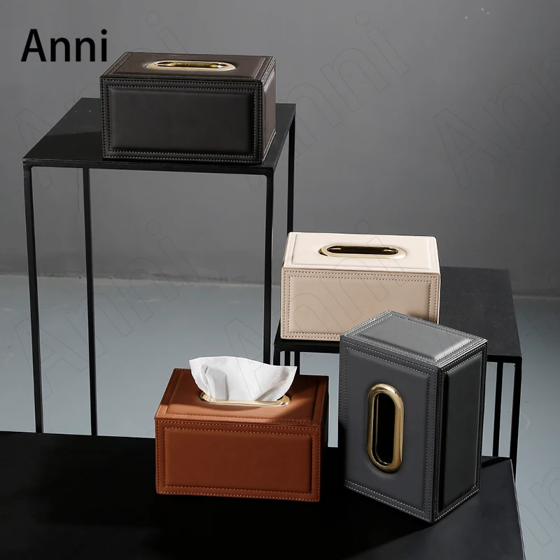 American Simple Leather Car Tissue Holder Modern Handwork Pumping Paper Storage Box Coffee Table Desktop Ornaments Home Decor