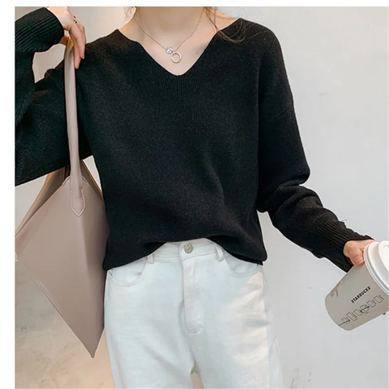 2023 Autumn Spring Women Sweaters Female Tops Knitted Thin Pullover Solid V-neck Loose Elegant Office Lady Casual All Match