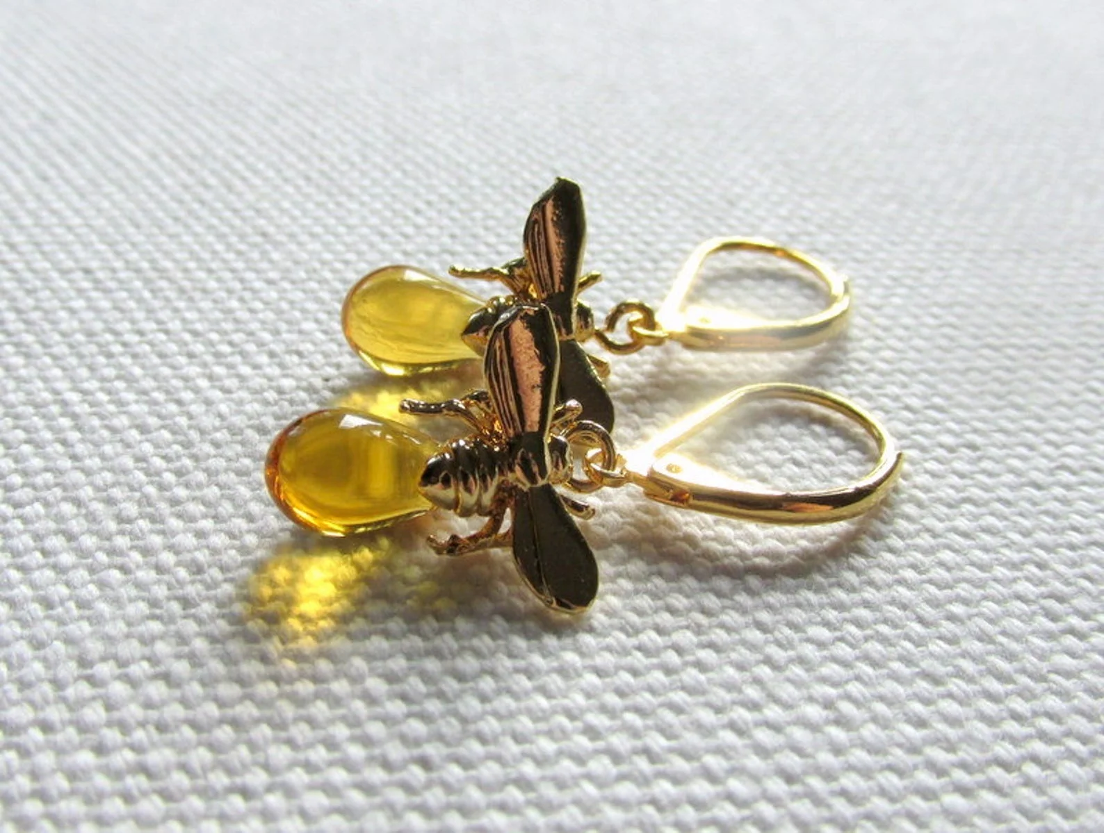 Bee Earrings, Gold Bumble Bee and Honey Leverback Dangle Earrings