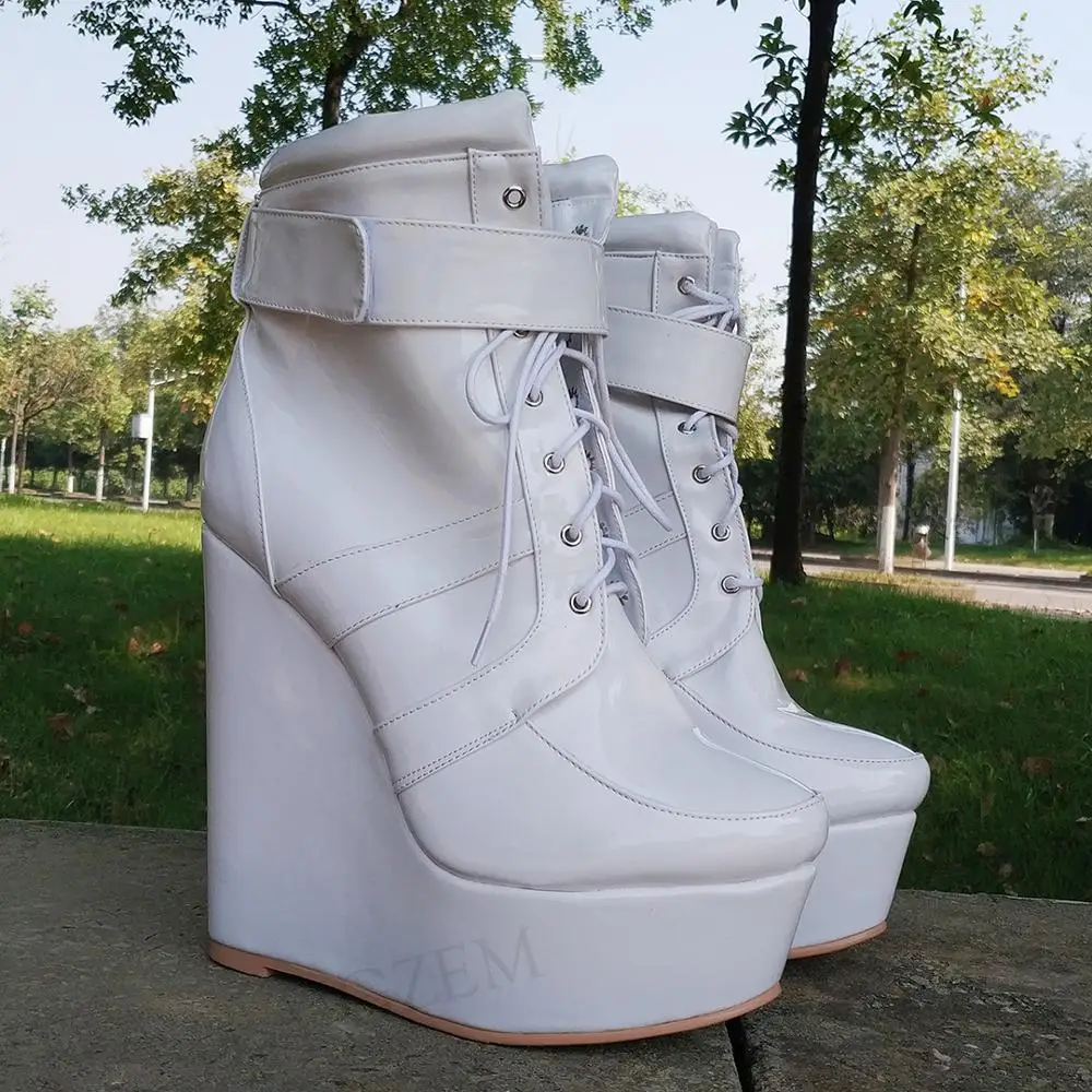 

DOBANER FASHION Wome Platform Wedges Boots Handmade Booties Shiny White Wedding Botas Shoes Woman Plus Size 43 44 46 47 50 52