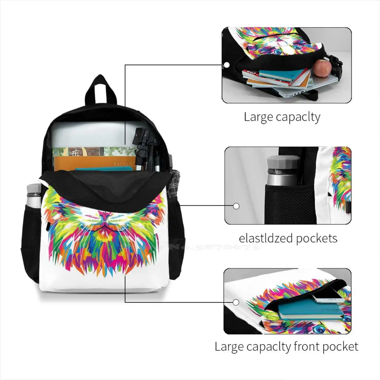 Gatto colorato Adolescente Studente universitario Zaino Modello Borse di design Gatti colorati Gatti Gattino Gatto Gattino Colori Amanti dei gatti Animali domestici