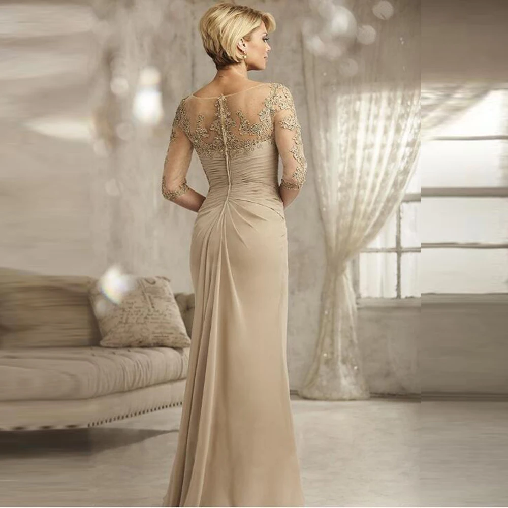 2020 neue Elegante Champagner Chiffon V-ausschnitt Mutter der Braut Kleider Mit Drei Viertel Ärmeln Hochzeit Party Kleider Spitze