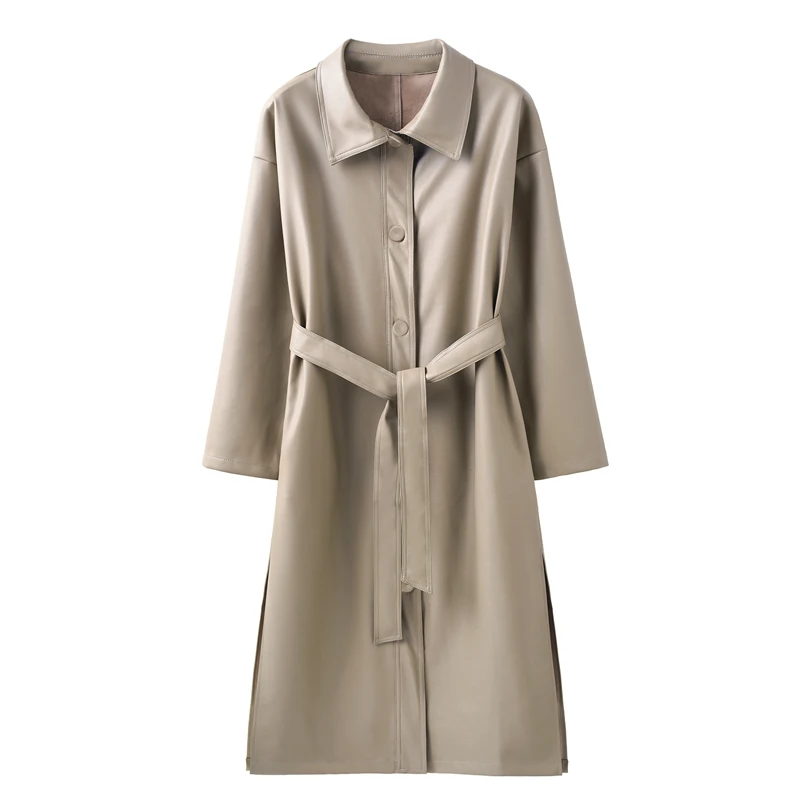 Nerazzurri outono longo couro trench coat para mulher manga comprida cinto botões de couro falso capa de chuva feminina moda coreana 2020