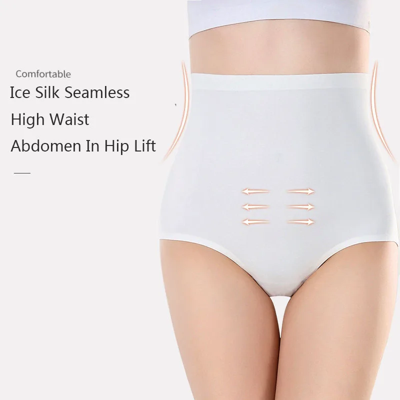 Ropa interior de seda de hielo para mujer, bragas sin costuras de cintura alta, lencería suave para adelgazar el Abdomen en la cadera, calzoncillos