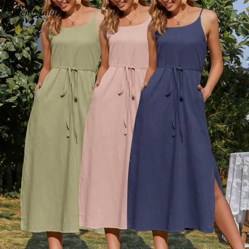 Robe longue en coton chanvre pour femmes, tenue de rue fendue, loisirs, nouvelle collection printemps et été 2021