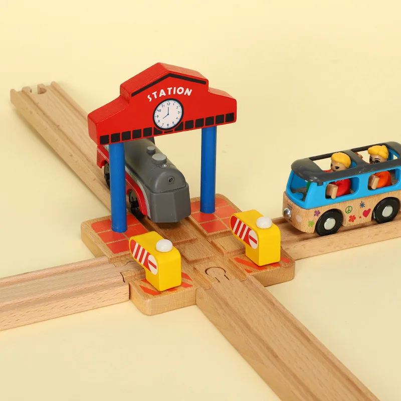 Wood Railway Toy Small Gas Station Train Cross Road Block Accessories Fit for Biro Wooden Track Toys for Kids Xmas Gifts