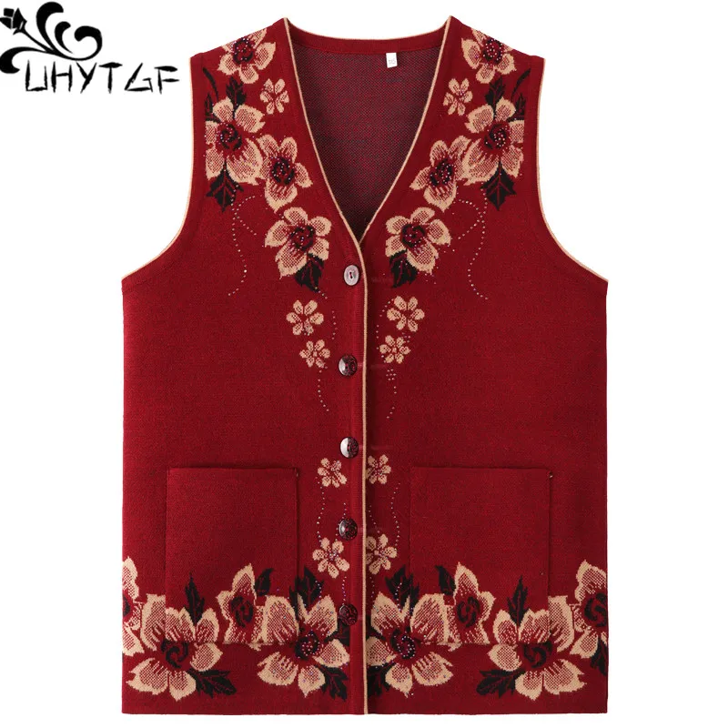 

UHYTGF Spring Autumn Vest Women Elegant Mom Sleeveless Vest Female Fashion Flowers Single-Breasted Sweater 4XL Big Size Coat 732