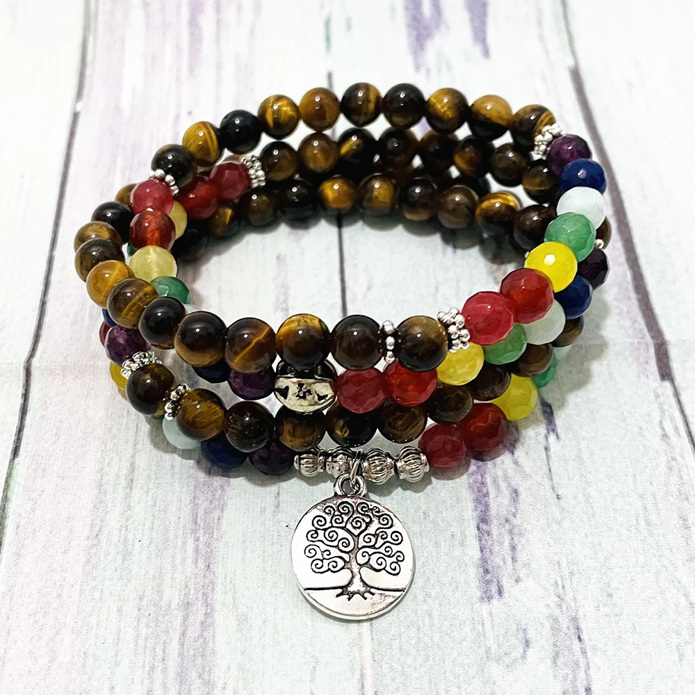 SN1503 Women`s 6 mm Natutal Tiger Eye 108 Mala Bracelet Tree of Life Charm 7 Chakra Yoga Mala Bracelet Boho Girl`s Necklace