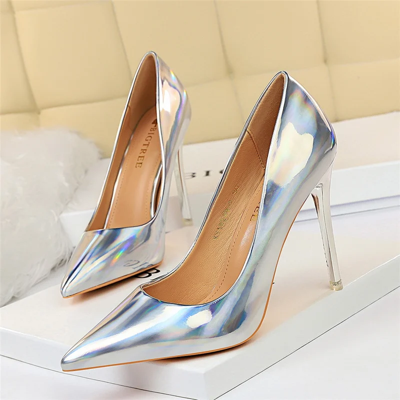 2023 New Fashion Women Designer Blue Green High Heels Pumps Patent Leather Stripper Stiletto Wedding Holographic Shoes Plus Size