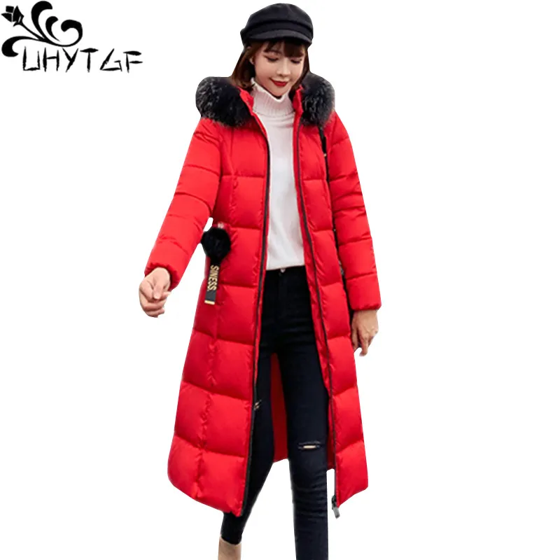 

UHYTGF Women's Winter Jacket Fur Collar Hooded Down Jacket Slim Big Size Coat Wild Cold Warm Long Outerwear Parker Female 1271