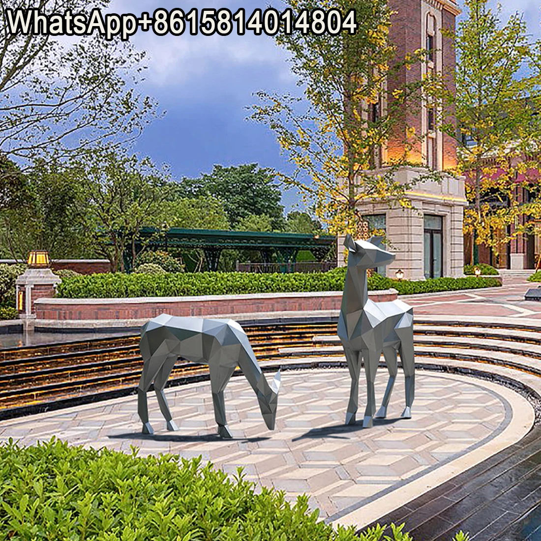 Garden landscape outdoor stainless steel geometric deer large floor sculpture decoration creative custom abstract installation