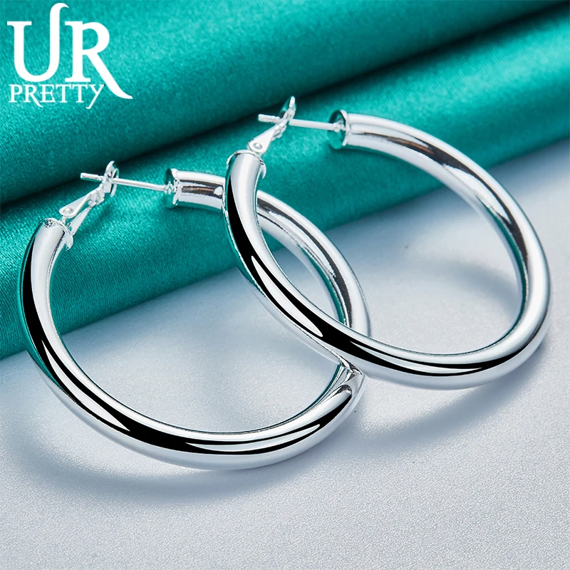 UPRETTY New 925 Sterling Silver 50mm Smooth Circle Hoop Earring For Women Lady Party Wedding Engagement Charm Jewelry Gift