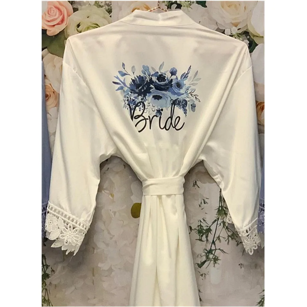 Dusty Blue bridal party Floral robe customize bride to be Lace silk bridesmaid gift Bathrobe nightgown Peignoir wedding keepsake