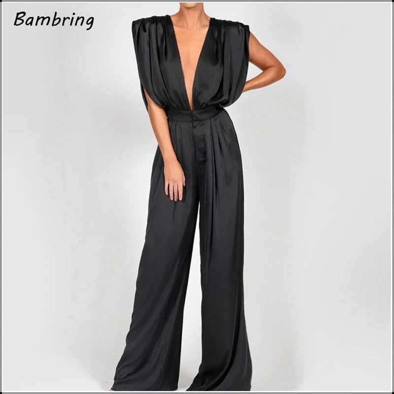 Elegant Satin Sleeveless Rompers Women Fashion Party Deep V Neck Wide Leg Long Jumpsuits Ladies Sexy Backless Lace-up Overalls