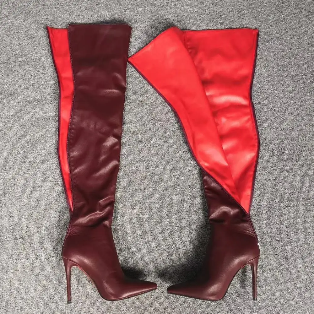 BERZIMER Burgundy Women Thigh High Heels Boots Over Knee 11CM-13CM High Heels Boots Ladies Botas Shoes Woman Large Size 43 44 47