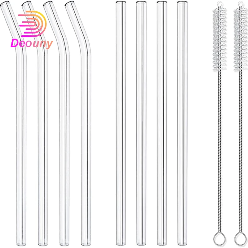 DEOUNY 8Pcs Reusable Transparent Glass Straws Different Colors Drinking For Milkshakes Juices Drinks Smoothies Bubble Tea Tube