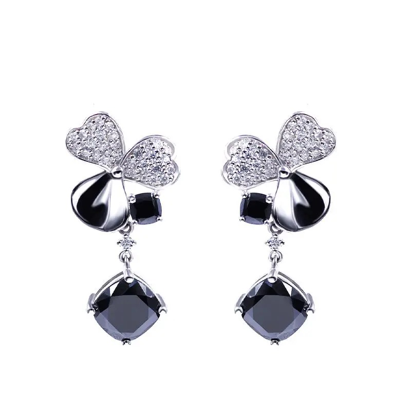 

Tianyu Gems 5.1ctw Black Moissanite Silver Earrings Women Cushion Cut 8x8mm Gemstones Clover Drop Earrings Wedding Fine Jewelry