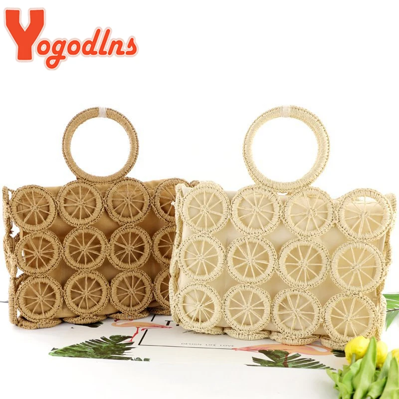 Yogodlns Summer Hollow Out Straw Bag Women Handmade Weave Handle Bag Beach Ladge Capacity Handbag Casual Rattan Lady Beach Bag