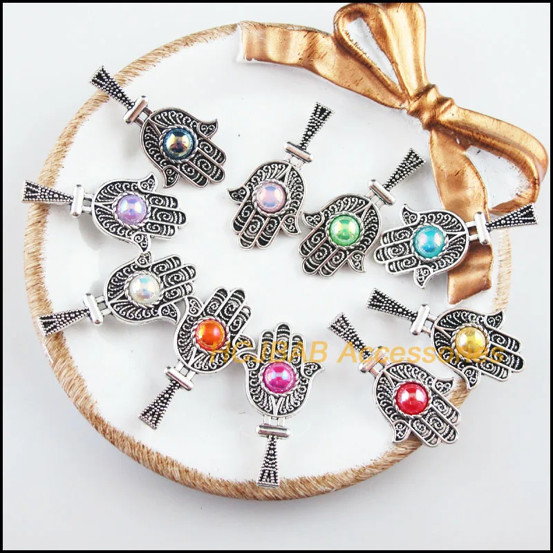 20Pcs Tibetan Silver Tone Retro Hand Mixed Acrylic Charms Pendants 17.5x33mm