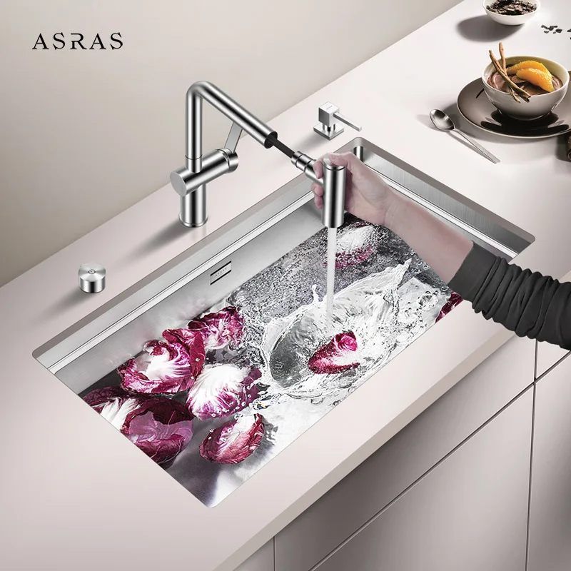 Asras 8043G Handmade Kitchen Sink with Dual-mode Pullout Faucet 304 Stainless Steel Luxury Sink Set High-end Large Kitchen Flume