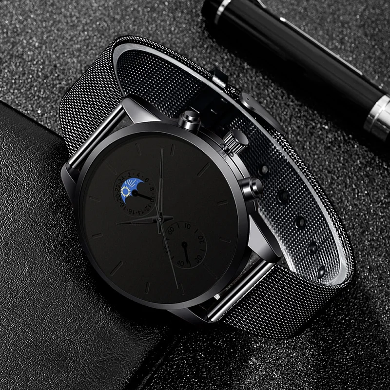 Reloj hombre moda męskie zegarki biznesowe luksusowe klasyczne czarne siatka ze stali nierdzewnej pasek kwarcowy zegarek na rękę relogio masculino
