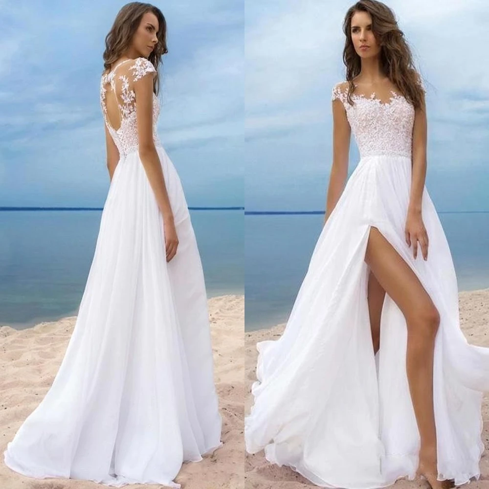 Uma linha vestidos de casamento praia chiffon sheer neck rendas apliques ilusão boné mangas oco volta alta fenda longo vestidos de noiva