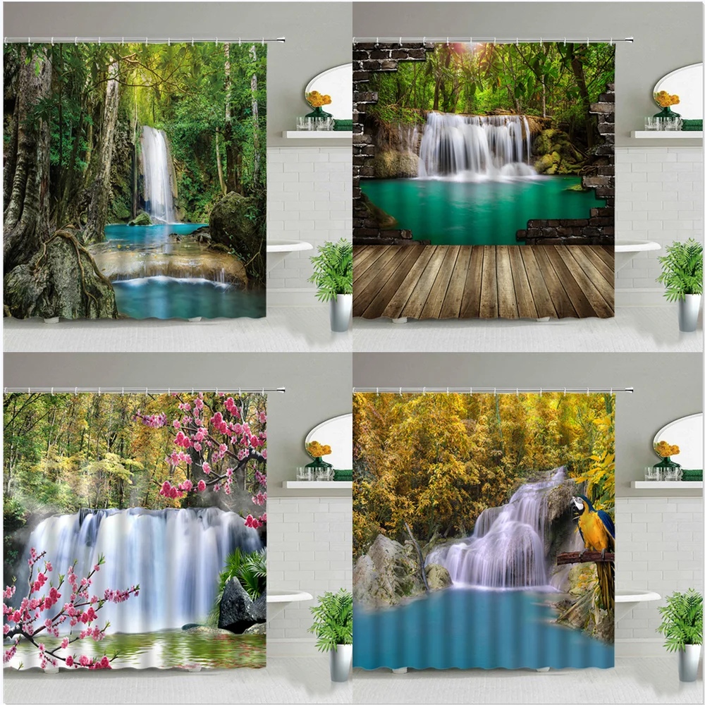 Spring Scenery Waterfall Landscape Flower Bird Shower Curtain Green Plants Garden Wall Decor Curtains Room Bathroom Decoration