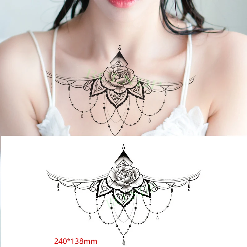 Waterproof Temporary Tattoo Sticker Rose Flower Necklace Elememt Waist Chest Tatto Breast Flash Tatoo Fake Tattoos for Women