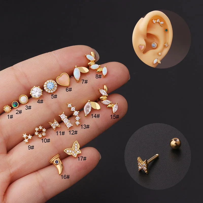 

New 16G Stainless Steel Barbell Opal Stone Geometry Shape Cartilage Piercing Stud Cz Ear Tragus Helix Screw Back Earring