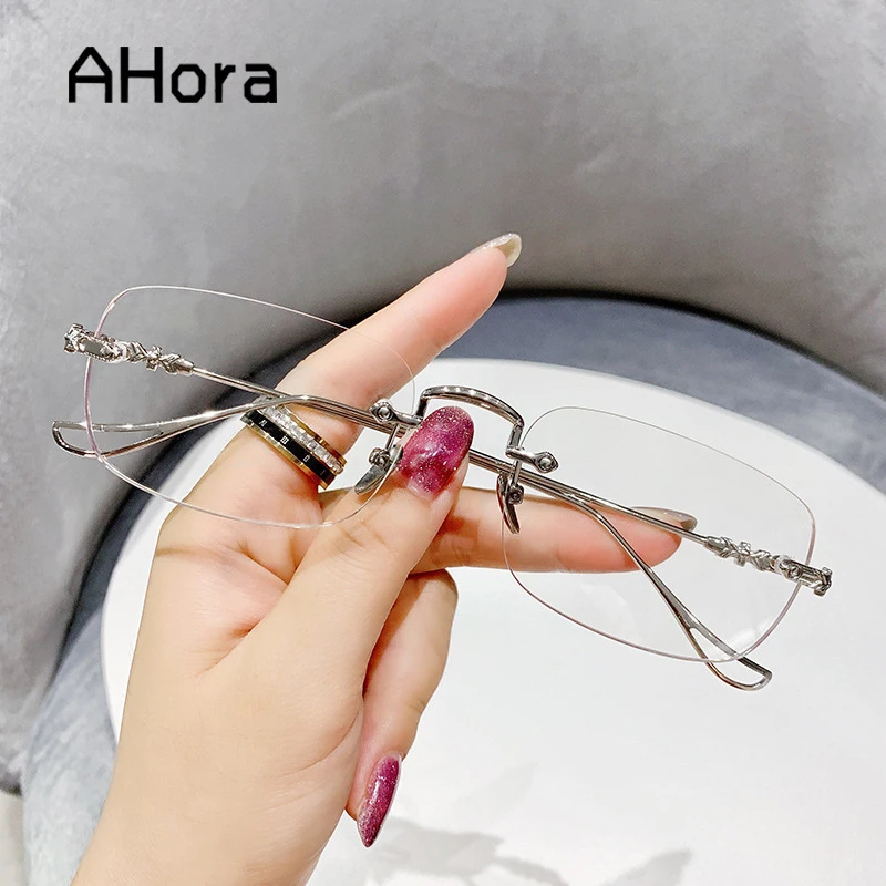 Ahora Rimless Anti Blue Light Blocking Reading Presbyopia Eyeglasses Women Men Busines Computer Eyewear Frame 0 +1.0+1.5+2.0+2.5