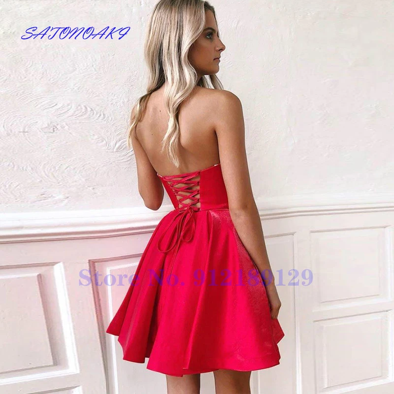 Vermelho strapless curto vestidos de baile aberto volta cocktail vestido de festa acima do joelho comprimento do baile de formatura vestidos de fiesta vestidos de formatura robes