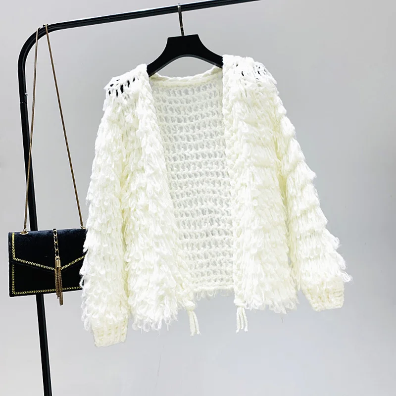 3D Hook Flowers Tassels Circles Sequins Knitted Cardigan Crochet Beading Sweater Fringed Elegant Sweaters Sueter Mujer Korean