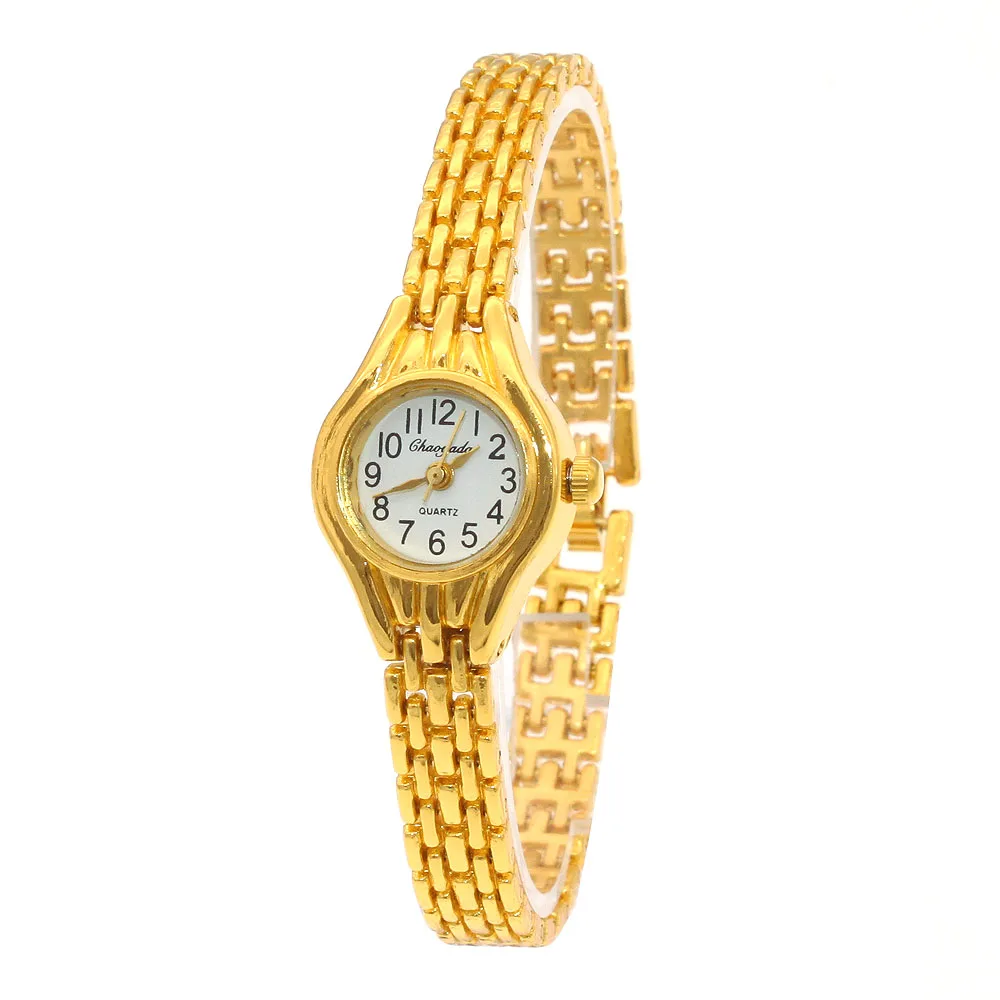 Relógio bonito feminino dourado quartz, relógio com pulseira pequeno mostrador popular para mulheres elegantes