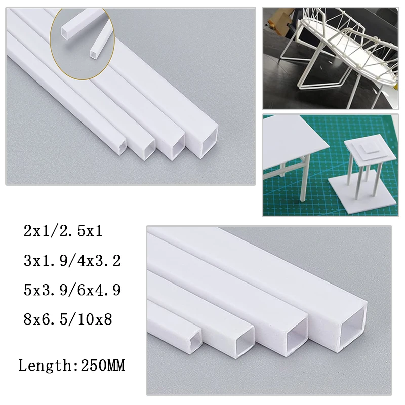 Molde de plástico blanco ABS para construcción, tubo cuadrado hueco de 2/2, 5/3/4/5/6/8/10mm, 250mm de largo, modelo de mesa de arena, material DIY,