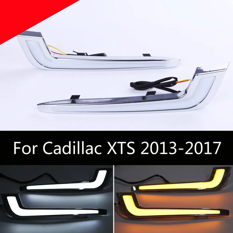 2pcs LED DRL Daytime Driving Running Lights for Cadillac XTS 2013-2017 Pre-facelift Daylight Waterproof Yellow Turn Signal